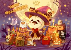 an animated halloween scene with cats, pumpkins and other items in front of a full moon