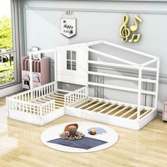 a child's bedroom with white furniture and musical notes on the wall