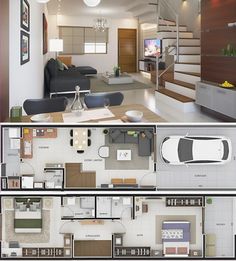 this is an image of a house plan with two floors and one car parked in the garage