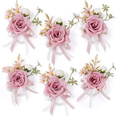 six pink and white flowers are arranged in the shape of bouquets with pearls on them