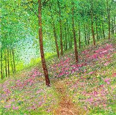 a painting of trees and flowers on a hill