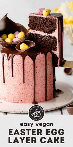 an easter egg layer cake with chocolate frosting