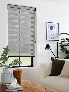 a living room with a couch, coffee table and window blinds on the windowsill