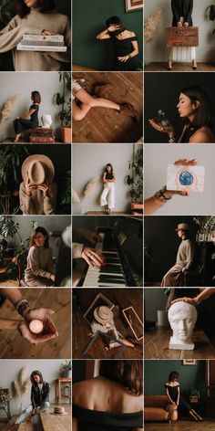 a collage of photos with people sitting on the floor and one person standing in front of a piano