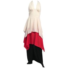 70s Red, White, Black Halter Maxi Dress. Handkerchief tiers in contrast colors. 1970s stretch polyester. Front slit in bottom tier. Halter neck ties in back, back zip closure. Lined in stretch jersey. Drop Waist Dresses, Black Maxi Dresses, Black Halter Maxi Dress, White Halter Top, White Halter Dress, Halter Neck Maxi Dress, Halter Top Dresses, Red Maxi, Halter Maxi Dress