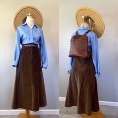 Coffee Chambray Cotton Mid Skirt  Can be worn by many ages  Size:12  Measurements  Waist: 32" Length: 34"  This skirt is absolutely stunning.  Pockets on each side  Both for closure  Elegantly:Boho aesthetic  Belt Loops available  Perfect Condition: Ready To Wear Aesthetic Belt, Brown Skirt Outfit, Waynesville Nc, White Maxi Skirt, White Maxi Skirts, Mid Skirt, Maxi Skirt Outfits, Brown Skirt, Boho Aesthetic