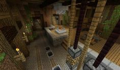 the interior of a minecraft house with lots of wood and stone columns, tables and chairs