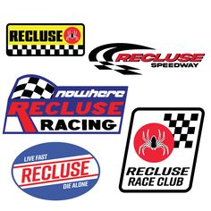 various racing stickers and decals are shown in this image, including one for the logo