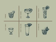 four different types of cocktails are shown in this graphic style, with the names below them