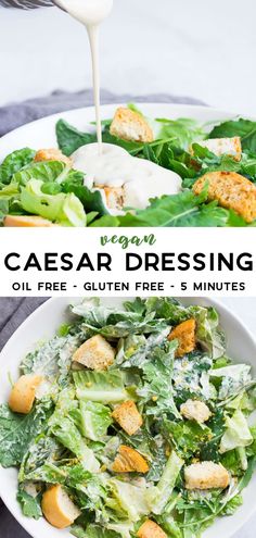 a salad with dressing being drizzled over it and in the background, there is