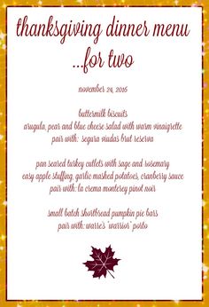 the thanksgiving dinner menu for two