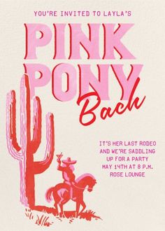 Customize 'Pink Pony Party' Bachelorette Party Invitation online and send via email, text message, or a shareable link. Instantly track deliveries and opens, and message recipients. Western Pink Party, Pink Bbq Party, Pink Pony Club Bachelorette, Pink Pony Club Party, Pretty In Pink Party, Birthday Discounts, Pink Pony Club, Online Party Invitations, Modern Classic Wedding Invitations