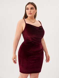 Burgundy Glamorous  Sleeveless Velvet Plain Bodycon  Slight Stretch Fall/Winter Plus Size Dresses Plus Size Club Dress, Crowl Neck, Anniversary Dress, Velvet Bodycon Dress, Mini Bodycon Dress, Traje Casual, Dress Dusty, Women Wedding Guest Dresses, Dress Plus Size