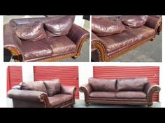 three different pictures of leather couches in front of a red wall