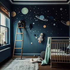 a child's room with blue walls and space themed wallpaper