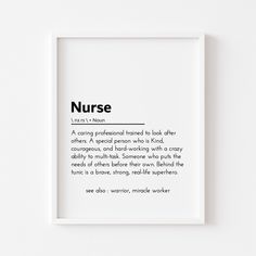 a white framed print with the words nurse in black on it's front and back