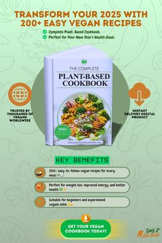 Pinterest pin about "The Complete Plant-Based Cookbook," featuring the cookbook's cover prominently in the center with text and graphic elements. It highlights "200+ Easy Vegan Recipes" for the new year. It also mentions that the product is an instant delivery digital ebook and is trusted worldwide by vegans. Key benefits are mentioned below the cookbook and a green call to action button at the bottom encouraging users to get the cookbook.