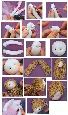 the instructions for making knitted dolls are shown in several different positions, including hands and fingers