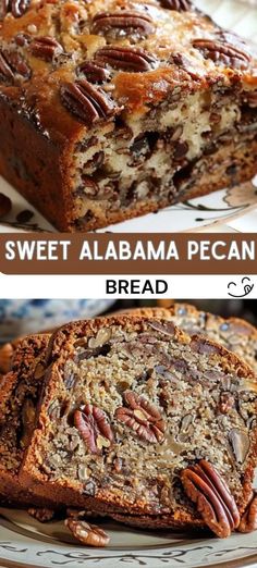 two pictures showing different types of bread with pecans on top and the same side