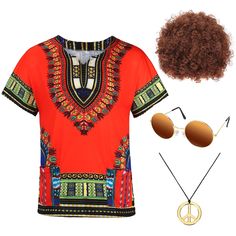 PRICES MAY VARY. Retro Hippie Outfits: Hippie costume set contains 1 hippie T-shirt, 1 light brown Afro wig, 1 hippie sunglasses and 1 peace sign necklace, energetic 70s hippie accessories can dress you up as a charming man Men's Hippie Shirt: Hippy shirt is made of polyester fabric, breathable to wear, designed in traditional african dashiki style, amazing artistic prints and bright colors will let you look lively and groovy Attractive Accessories: Hippie style sunglasses, wig and peace sign ne Light Brown Afro, Retro Hippie Outfits, 70s Hippie Outfits, Hippy Fancy Dress, Hippy Party, Brown Afro, Hippie Sunglasses, Dashiki Fashion, Hippie Accessories