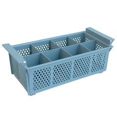 a blue plastic container with holes on the front and sides, filled with dividers