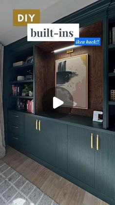 a living room with built - in bookshelves and green painted cabinets is featured