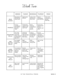 the printable week two calendar for students to practice their writing skills and read aloud