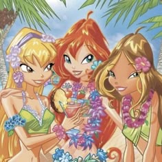 three beautiful young women standing next to each other on a beach with palm trees in the background