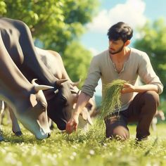 a man kneeling down next to two cows eating grass