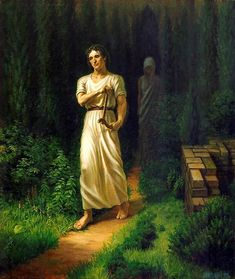 a painting of a woman in a white dress standing on a path with her arms crossed