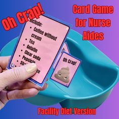 a person holding up a card game for nurses to play on the phone and in front of a blue bowl