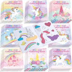 the unicorn coloring book is open to reveal different designs and colors, including rainbows