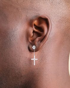 The earring everyone’s been asking for: the Hanging Cross Stud Earring. This unique men’s silver earring has a studded cross dangling from a 1ct diamond simulant stud for delicate movement and maximum style. Mens Earrings Studs, Cross Earrings Studs, Solid Gold Chains, Diamond Simulant, Stone Studs, Cross Earrings, Hypoallergenic Earrings, Silver Shop, Single Earring