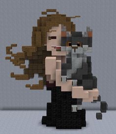 an image of a woman with a cat on her shoulder in the minecraft style