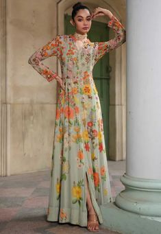 Digital Printed Viscose Georgette Gown in Sea Green Western Party Wear Dresses, Western Party Wear, Velvet Saree, Georgette Gown, Silk Anarkali, Embroidered Anarkali, Lehenga Style, Dress Closet, Utsav Fashion