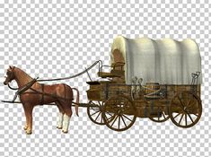 a horse pulling a wagon filled with hay and covered in white fabric, on a transparent background