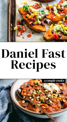 the cover of a cookbook with different types of food on it and text overlay that reads, daniel fast recipes