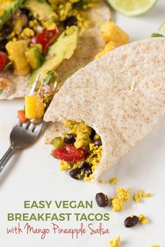 an easy vegan breakfast tacos with mango pineapple salsa