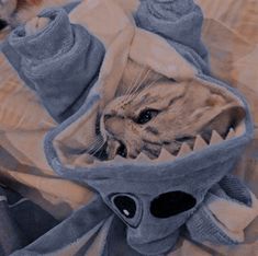 a cat laying on top of a bed next to a stuffed animal shark head with it's mouth open