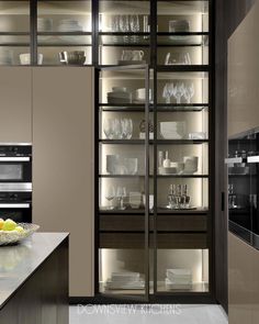 a kitchen with glass shelves filled with dishes