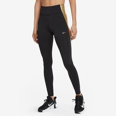 Revolve Nike One Colorblock Leggings In Black & Metallic Gold Size L Nwot Black Nike Joggers, Nike Products, Color Block Leggings, Nike Joggers, Nike Leggings, Comfortable Design, Womens Nike, Nike Womens, Sheer Fabric