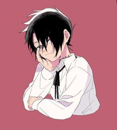 an anime character with black hair wearing a white shirt and tie, leaning against a pink background