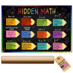 a blackboard with colored pencils on it next to a roll of paper that says hidden math