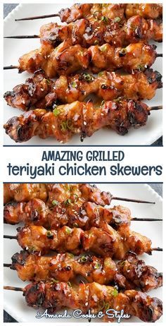 two plates with chicken skewers on them and the words amazing grilled teriyaki chicken skewers