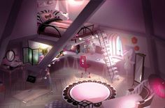 an aerial view of a bedroom with bunk beds and pink furniture on the floor,