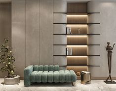 a living room filled with furniture and a tall book shelf next to a vase on top of a table