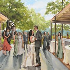 a painting of a bride and groom dancing in front of their guests at a wedding