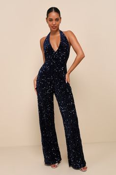 Navy Blue Jumpsuit - Velvet Sequin Jumpsuit - Halter Jumpsuit - Lulus Halter Jumpsuit Outfit, Studio 54 Party Outfits, Bachelorette Party Outfit Themes, Blue Jumpsuits Outfit, Birthday Jumpsuit, Jumpsuit Outfit Wedding, Prom Jumpsuit, Sparkly Jumpsuit, Jumpsuit Navy Blue