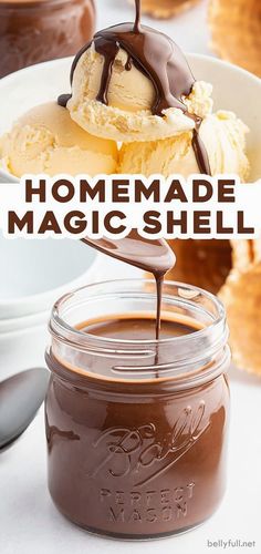 homemade magic shell ice cream in a mason jar with chocolate sauce and whipped cream on top