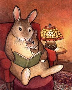 a rabbit reading a book while sitting in a chair with a lamp on the side